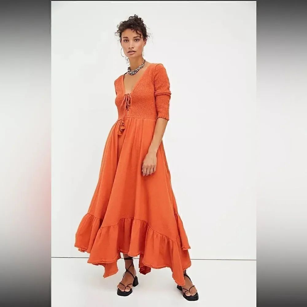 NEW FREE PEOPLE ENDLESS SUMMER PERFECT SOLUTION SMOCKED LACE UP MAXI DRESS